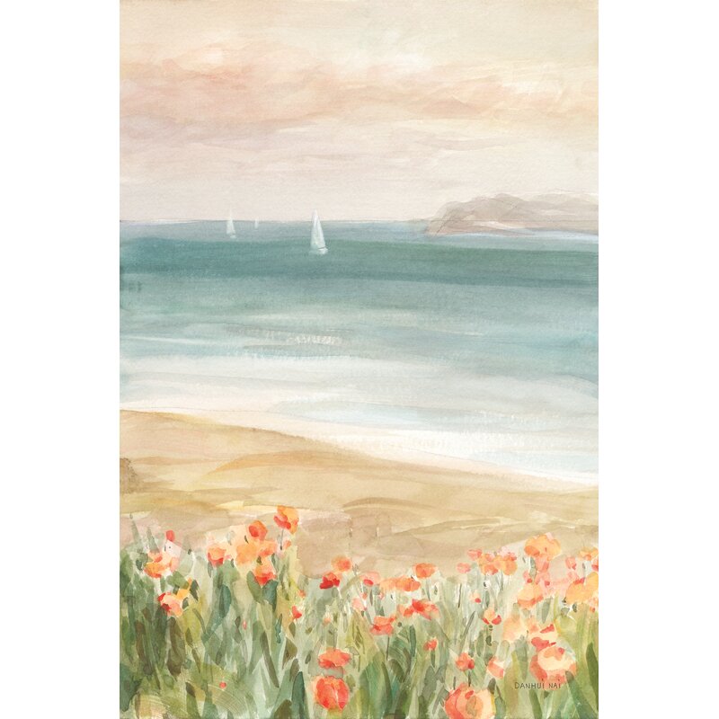 Serene Coastal Landscape with Sailboats and Vibrant Floral Foreground