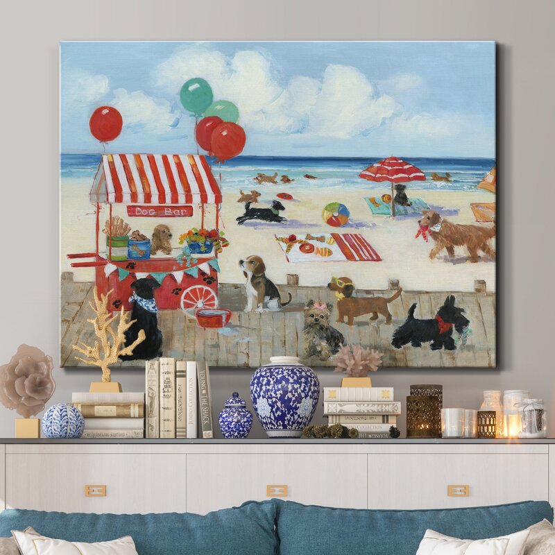Playful Dogs at the Beach: Vibrant Oil Painting of a Canine Paradise