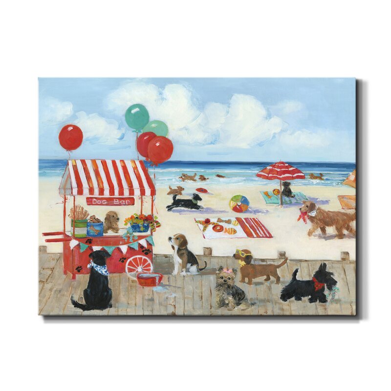 Playful Dogs at the Beach: Vibrant Oil Painting of a Canine Paradise