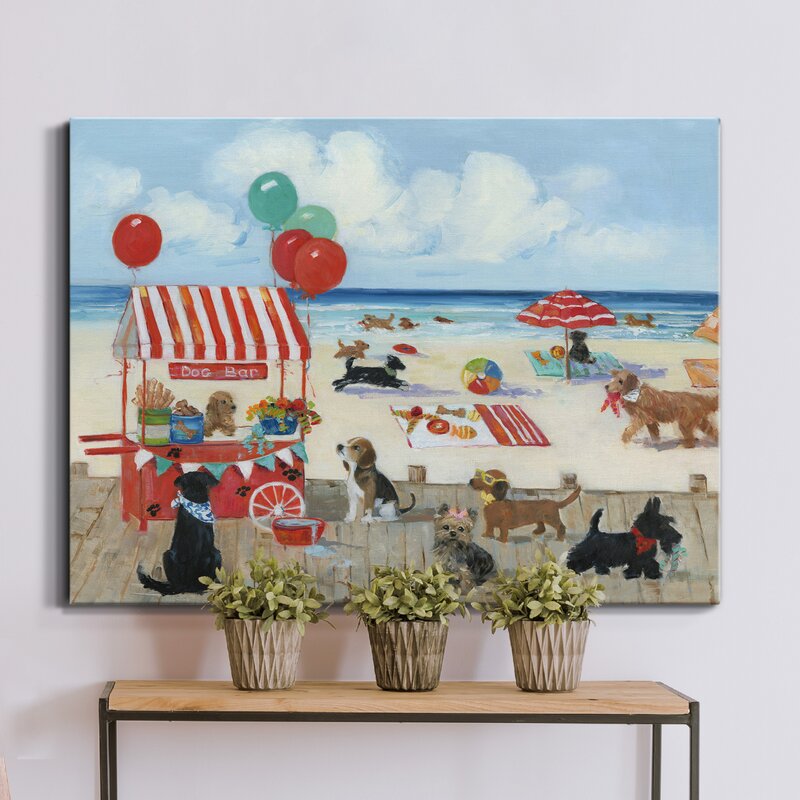 Playful Dogs at the Beach: Vibrant Oil Painting of a Canine Paradise