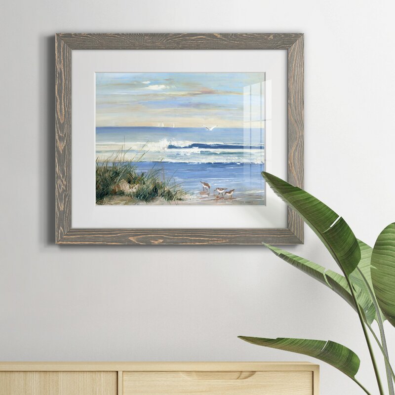 Tranquil Beach Scene with Shorebirds and Gentle Waves in Vibrant Oil Painting