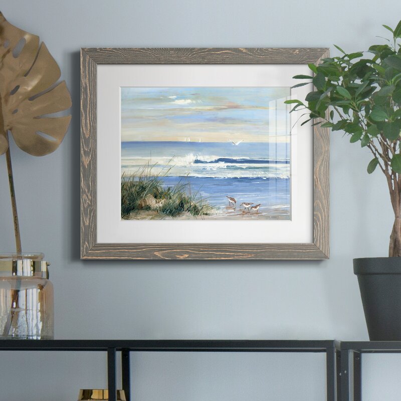 Tranquil Beach Scene with Shorebirds and Gentle Waves in Vibrant Oil Painting