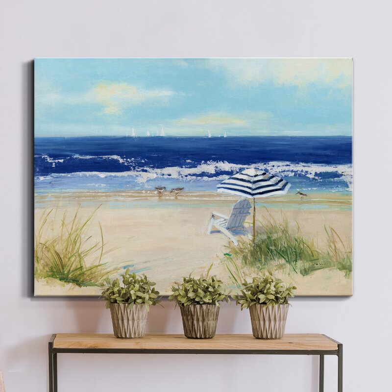 Tranquil Beach Scene with Chair and Umbrella - Serene Coastal Oil Painting