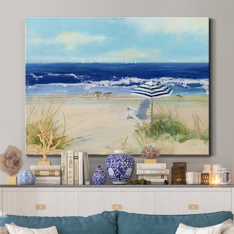 Tranquil Beach Scene with Chair and Umbrella - Serene Coastal Oil Painting