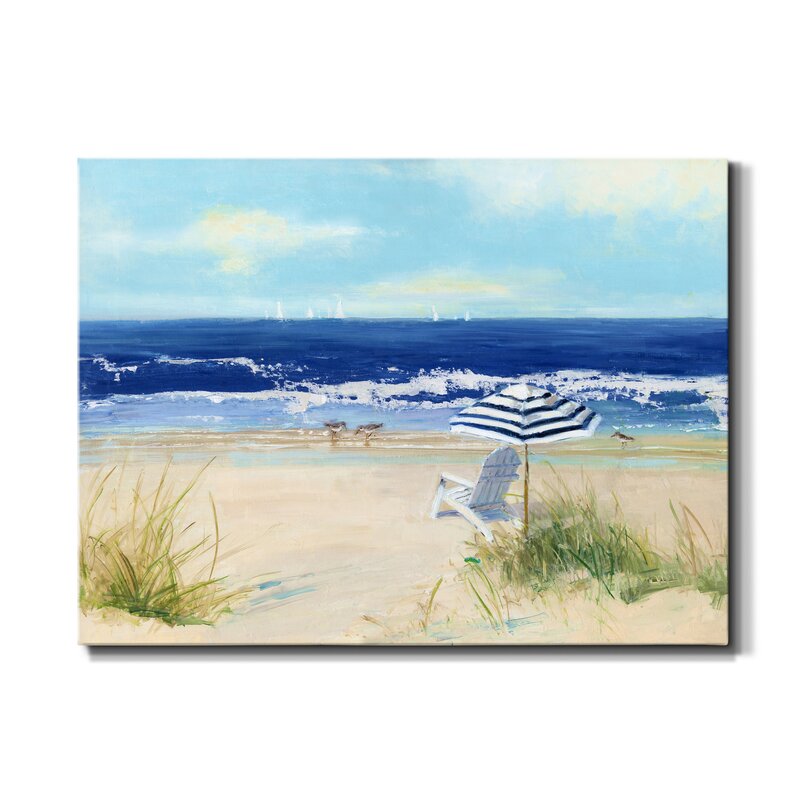 Tranquil Beach Scene with Chair and Umbrella - Serene Coastal Oil Painting