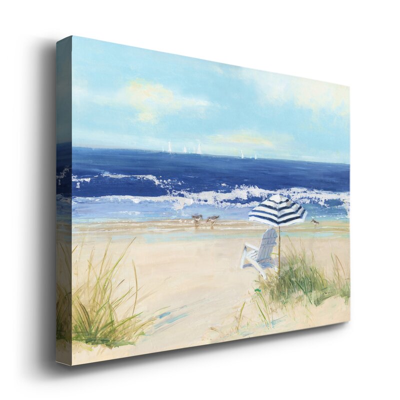 Tranquil Beach Scene with Chair and Umbrella - Serene Coastal Oil Painting