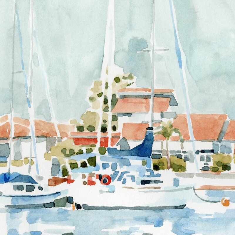 Coastal Serenity: Vibrant Beach Town Summer Oil Painting