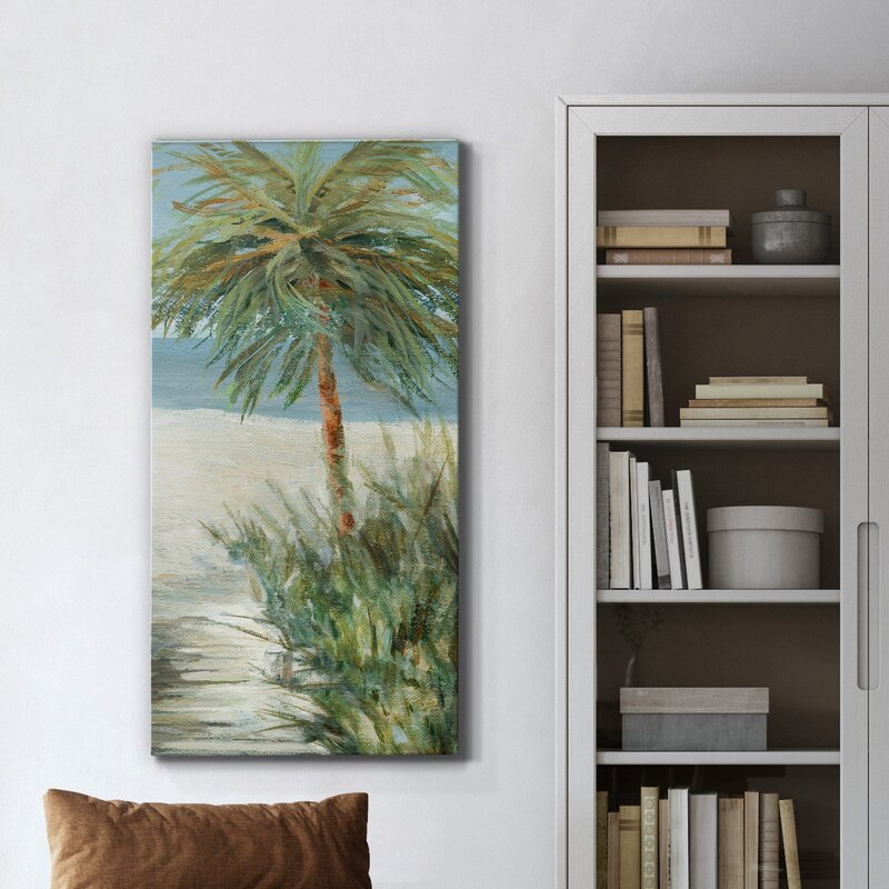 Tropical Beach Bliss with Palm Trees and Serenity in Oil Painting