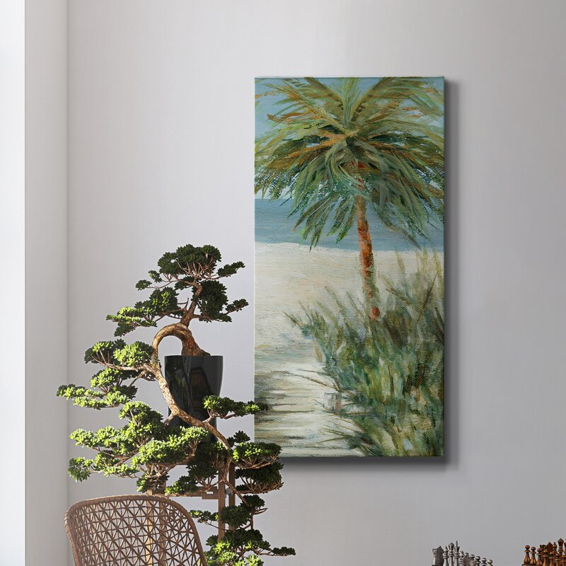 Tropical Beach Bliss with Palm Trees and Serenity in Oil Painting