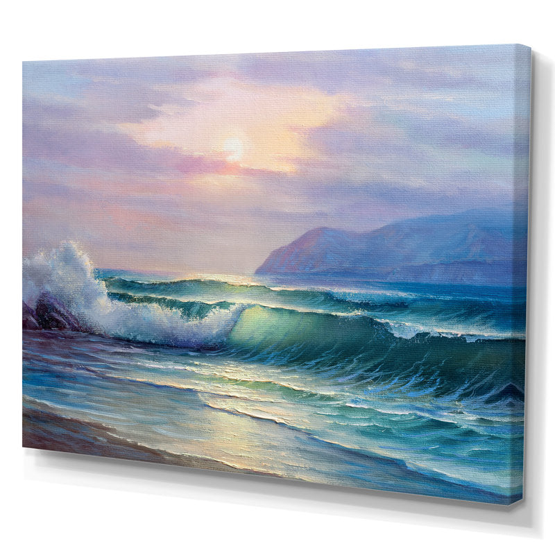 Serene Coastal Sunset with Vibrant Waves and Tranquil Ocean Colors