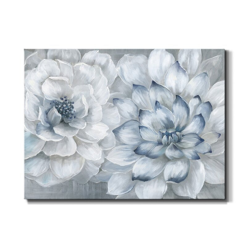 Elegant Floral Embrace: White and Blue Blossoms Oil Painting