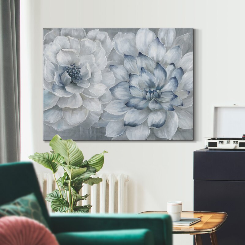 Elegant Floral Embrace: White and Blue Blossoms Oil Painting