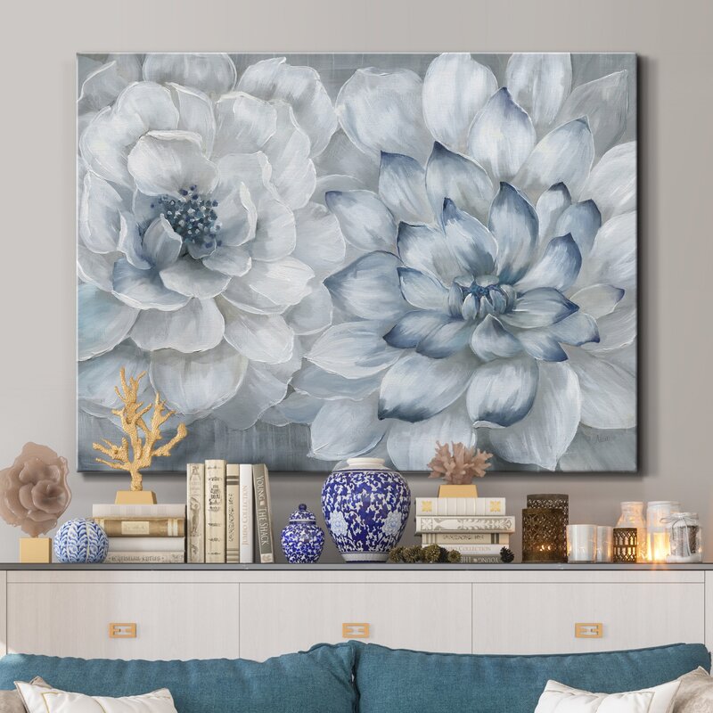 Elegant Floral Embrace: White and Blue Blossoms Oil Painting