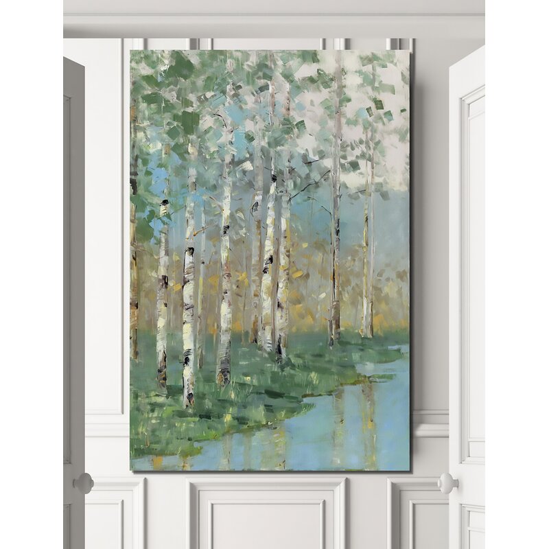 Serene Birch Trees Reflection in Tranquil Water Landscape Oil Painting