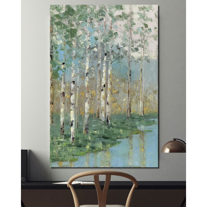 Serene Birch Trees Reflection in Tranquil Water Landscape Oil Painting