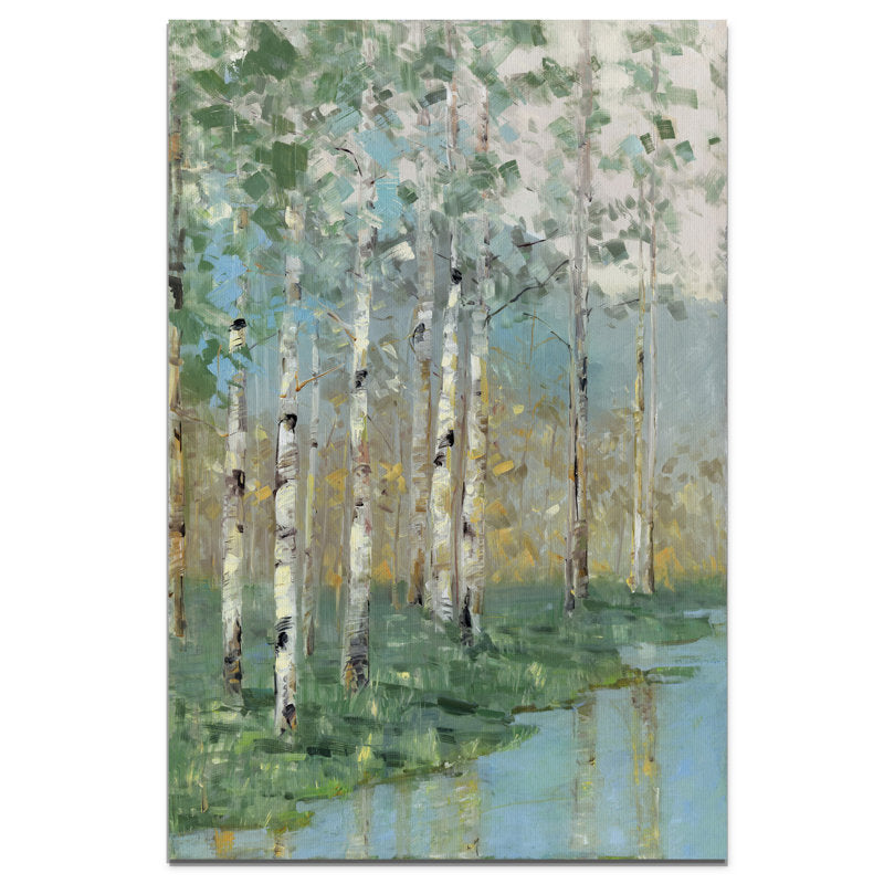 Serene Birch Trees Reflection in Tranquil Water Landscape Oil Painting