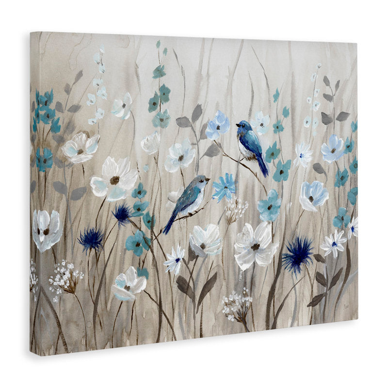 Serene Blue Birds Among Blossoms in Floral Meadow Oil Painting