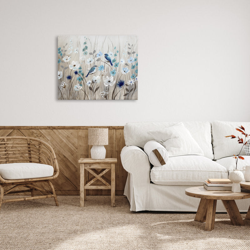 Serene Blue Birds Among Blossoms in Floral Meadow Oil Painting