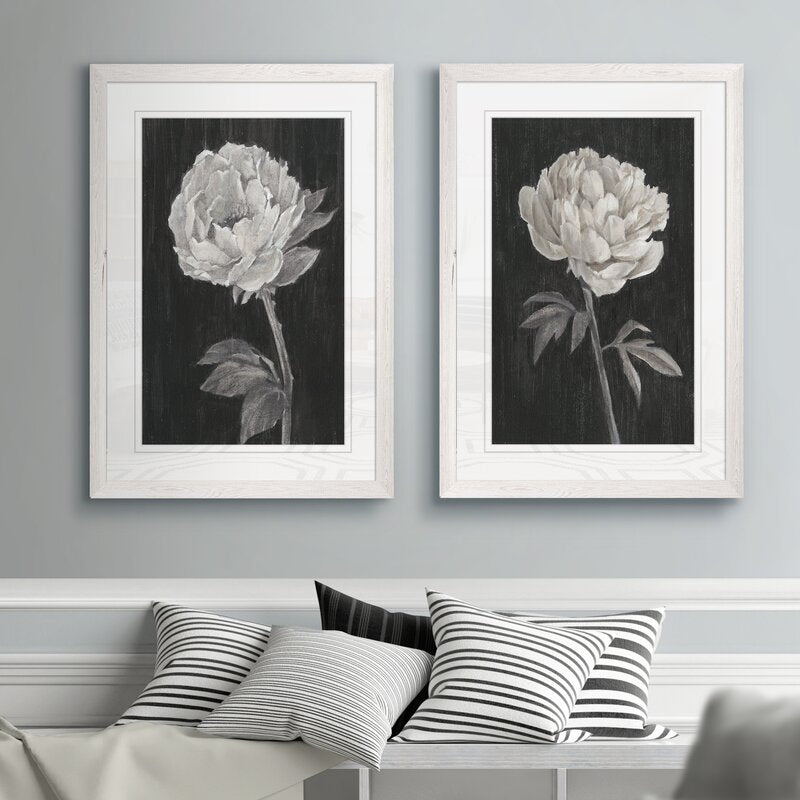 Elegant Black and White Floral Art - Set of Two Framed Oil Paintings
