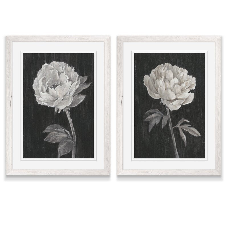 Elegant Black and White Floral Art - Set of Two Framed Oil Paintings