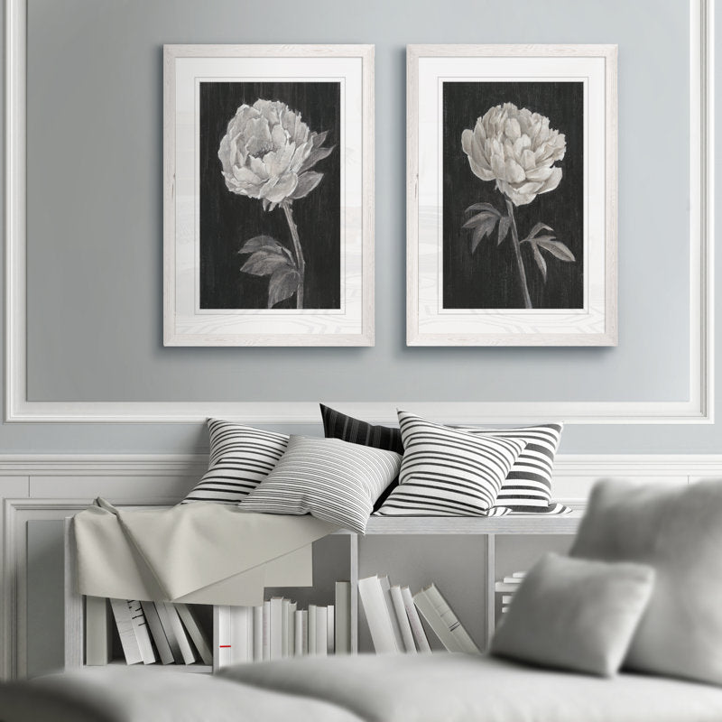 Elegant Black and White Floral Art - Set of Two Framed Oil Paintings