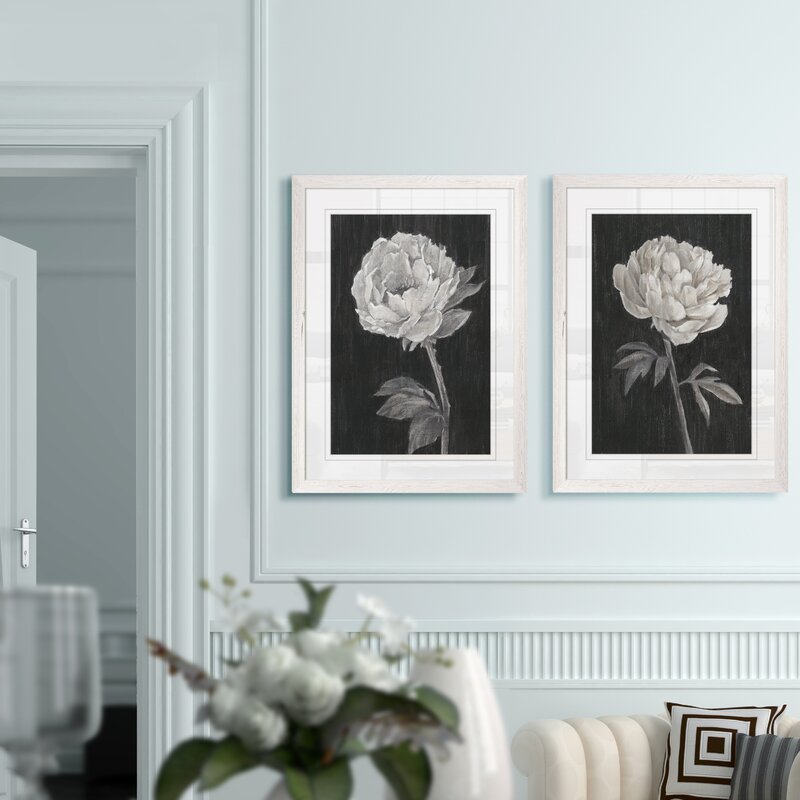Elegant Black and White Floral Art - Set of Two Framed Oil Paintings