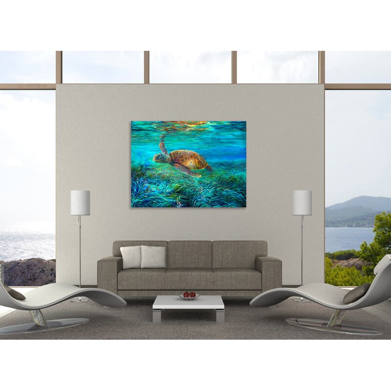 Vibrant Sea Turtle Swimming in Blue Ocean - Stunning Oil Painting