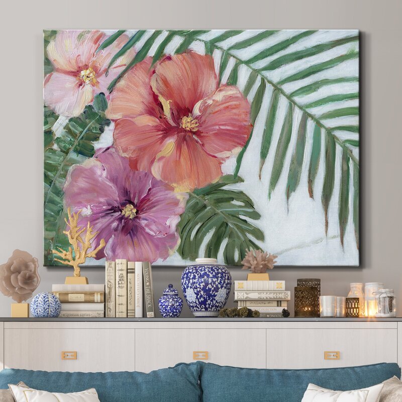 Vibrant Hibiscus Floral Painting with Tropical Greenery