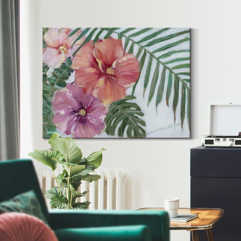 Vibrant Hibiscus Floral Painting with Tropical Greenery