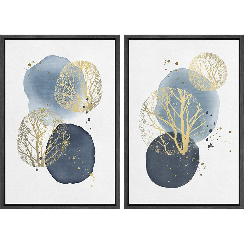 Gold Silhouette Abstract Oil Painting with Blue Circles - Modern Art Set