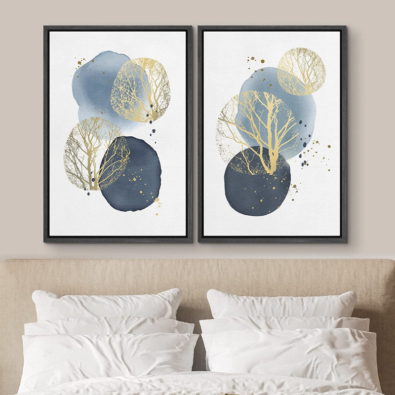 Gold Silhouette Abstract Oil Painting with Blue Circles - Modern Art Set