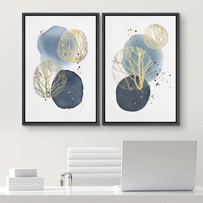 Gold Silhouette Abstract Oil Painting with Blue Circles - Modern Art Set