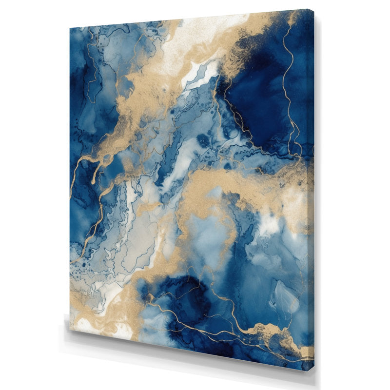 Elegant Blue and Gold Abstract Fluid Art for Modern Home Décor