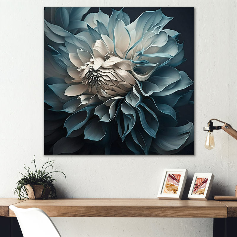 Elegant Blue and White Dahlia Blooming Floral Oil Painting for Home Decor