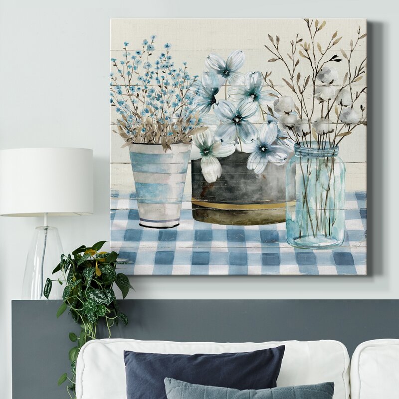 Tranquil Blue Farmhouse Floral Arrangement Oil Painting for Home Decor