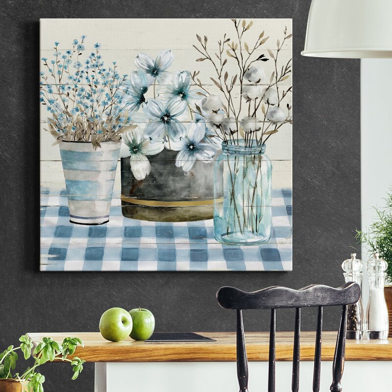 Tranquil Blue Farmhouse Floral Arrangement Oil Painting for Home Decor