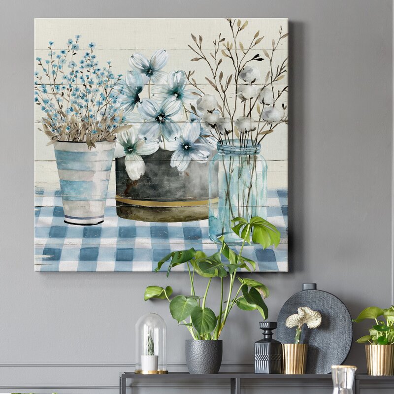 Tranquil Blue Farmhouse Floral Arrangement Oil Painting for Home Decor