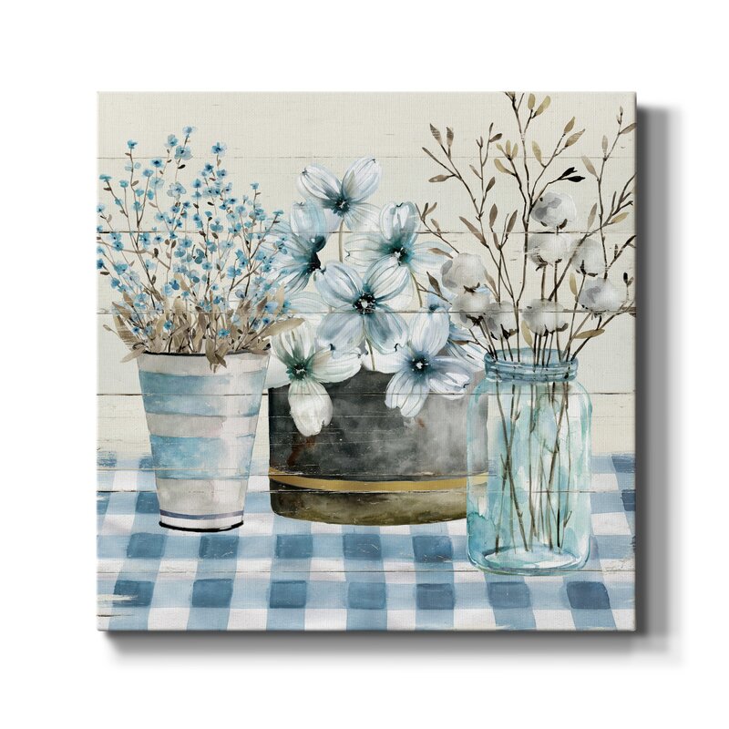 Tranquil Blue Farmhouse Floral Arrangement Oil Painting for Home Decor