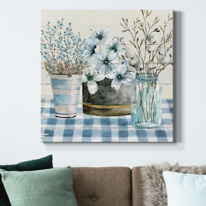 Tranquil Blue Farmhouse Floral Arrangement Oil Painting for Home Decor