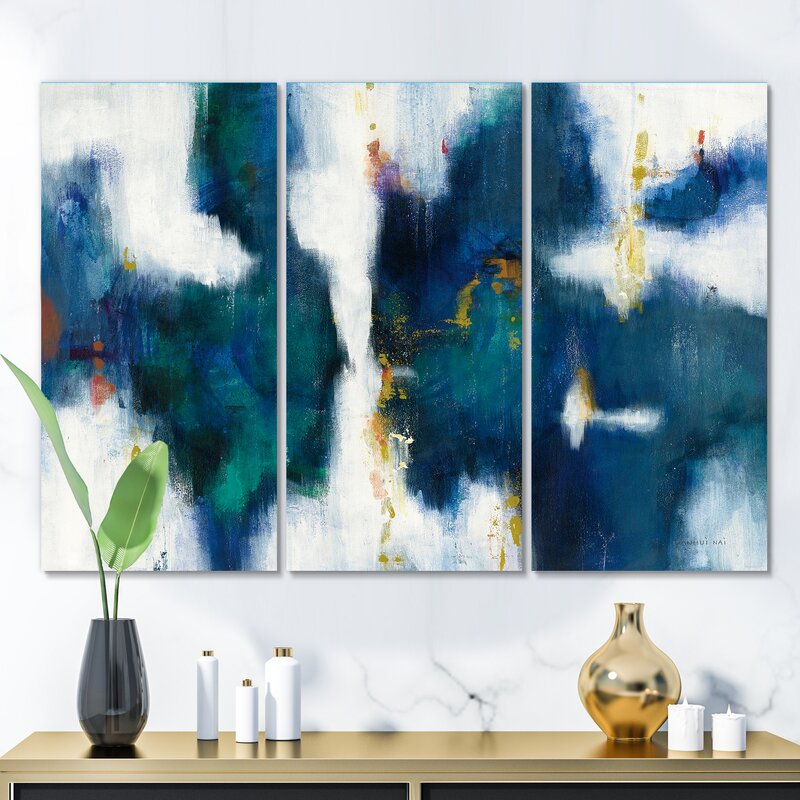 Elegant Blue and Gold Abstract Triptych Oil Painting for Modern Home Decor