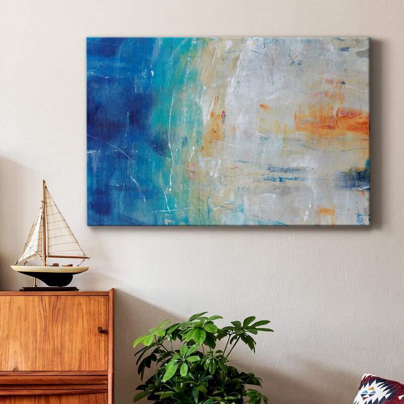 Serene Coastal Vibes Abstract Oil Painting in Blue and Orange Hues