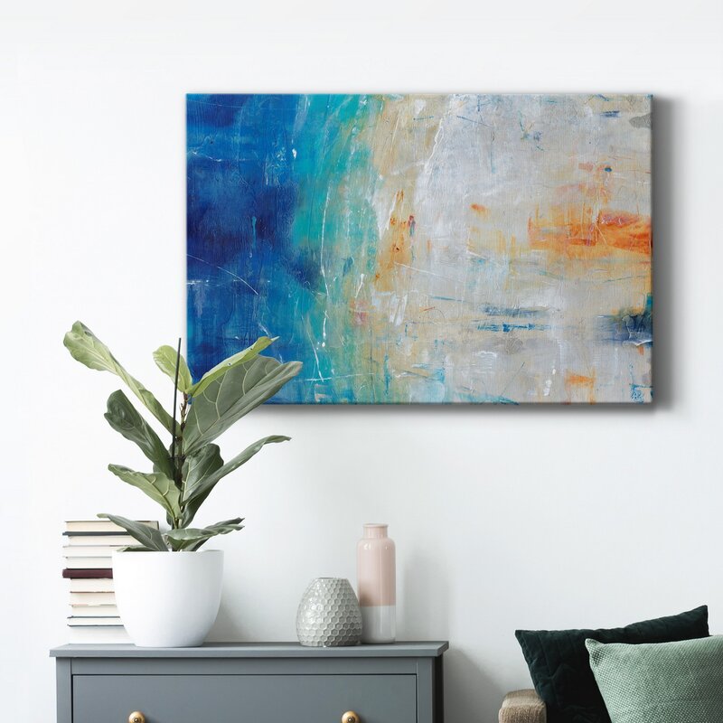 Serene Coastal Vibes Abstract Oil Painting in Blue and Orange Hues