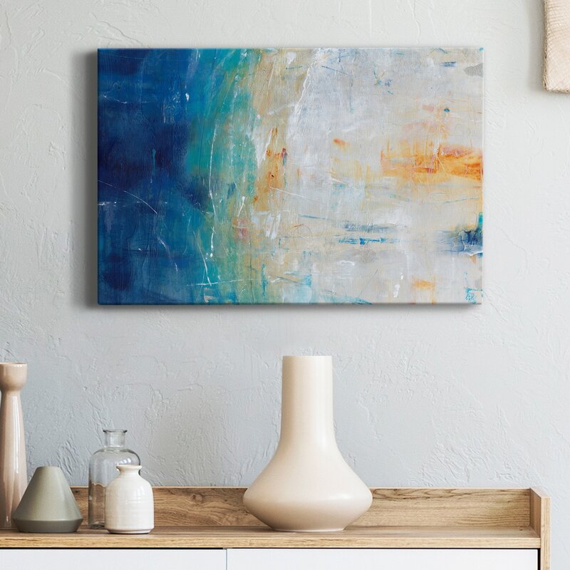 Serene Coastal Vibes Abstract Oil Painting in Blue and Orange Hues