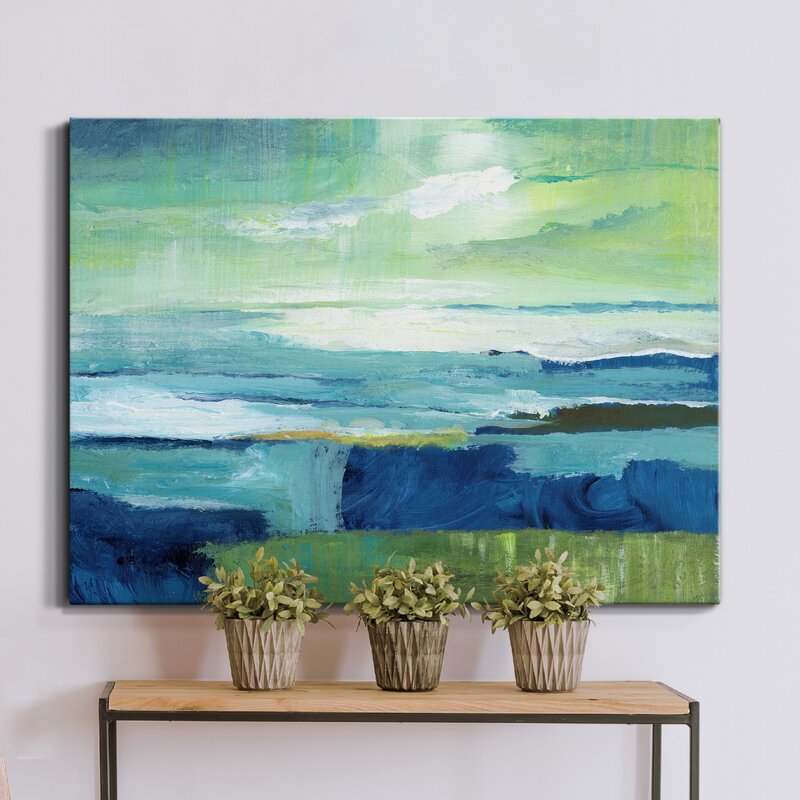 Serene Coastal Landscape Oil Painting in Vibrant Blue and Green Tones