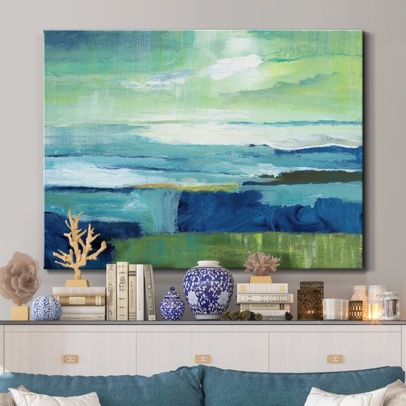 Serene Coastal Landscape Oil Painting in Vibrant Blue and Green Tones