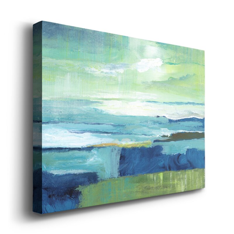 Serene Coastal Landscape Oil Painting in Vibrant Blue and Green Tones