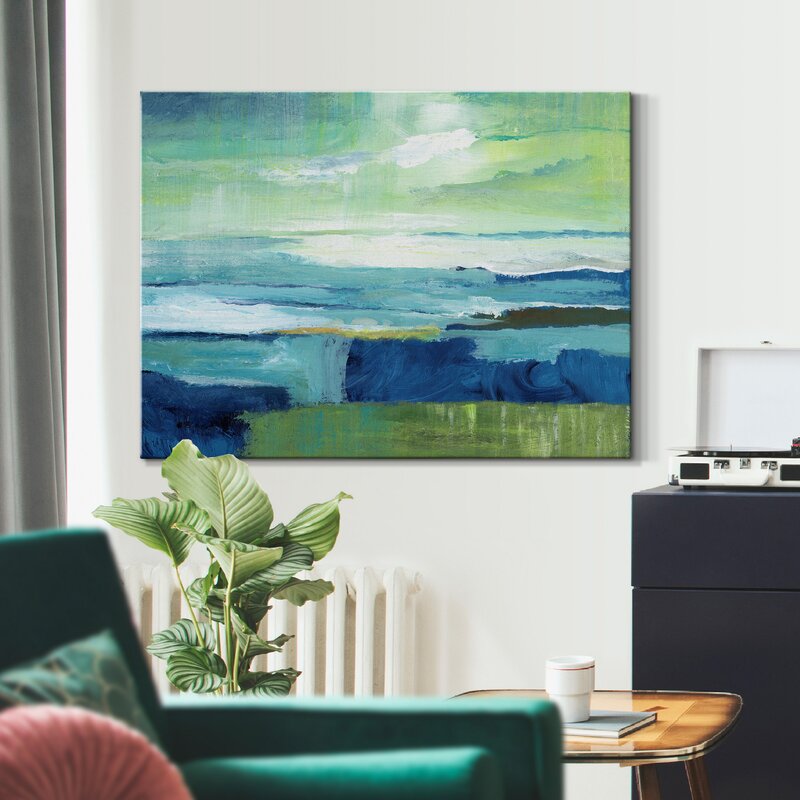Serene Coastal Landscape Oil Painting in Vibrant Blue and Green Tones