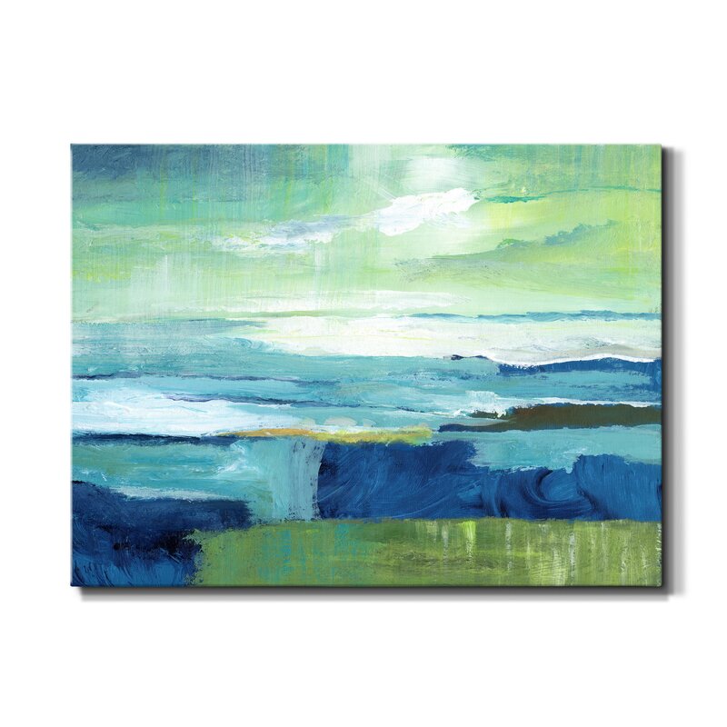 Serene Coastal Landscape Oil Painting in Vibrant Blue and Green Tones
