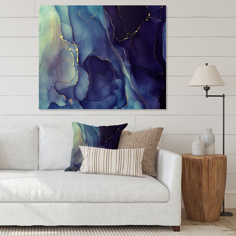 Serene Blue Abstract Oil Painting with Gold Accents for Home Decor