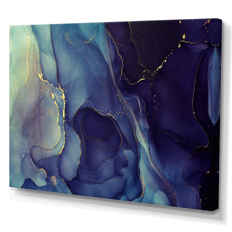 Serene Blue Abstract Oil Painting with Gold Accents for Home Decor